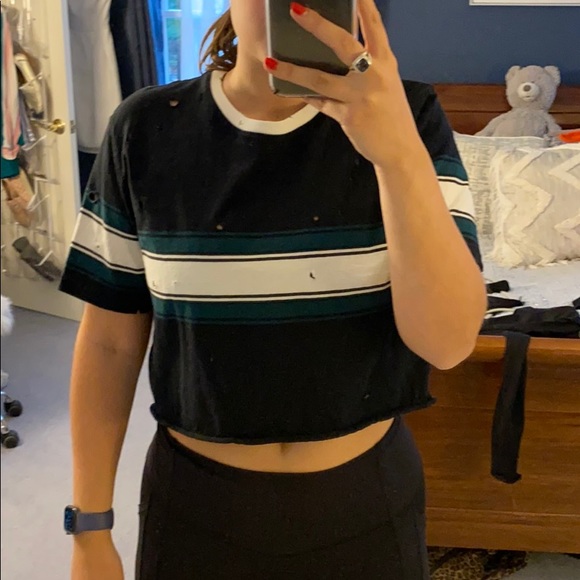 Forever 21 Tops - Forever 21 Navy Green White Striped Cropped Shirt